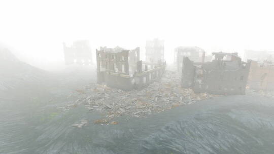 3D被战争炮火破坏的城市街景废墟场景镜头