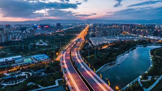 中国内蒙古呼和浩特市牛角桥航拍夜景延时