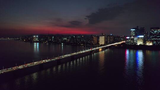 杭州上城区西兴大桥晚霞航拍