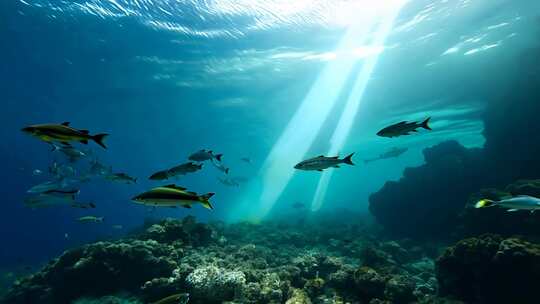 4k阳光透过海面大海里的鱼群海洋生物