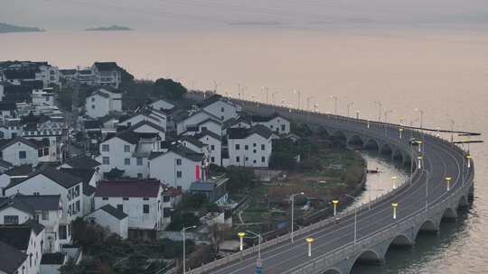 太湖东山岛岱心桥落日美景（航拍素材）