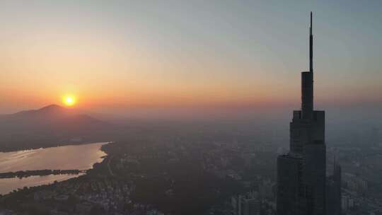 航拍江苏南京紫峰大厦日出紫金山风景