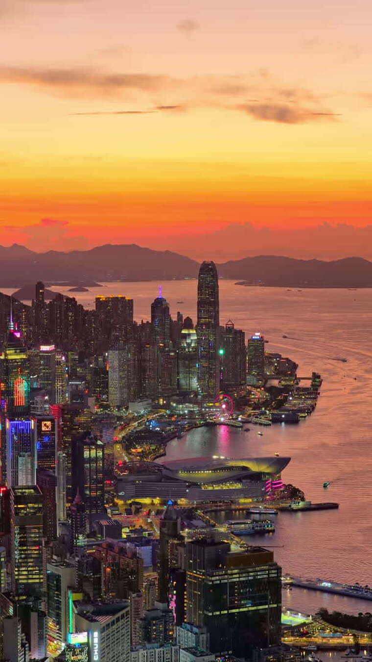 香港维多利亚港中环日落航拍