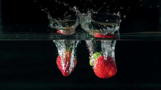 黑色背景草莓落入水中