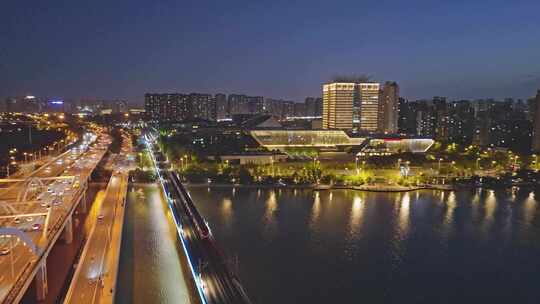 航拍浐灞公路桥地铁夜景