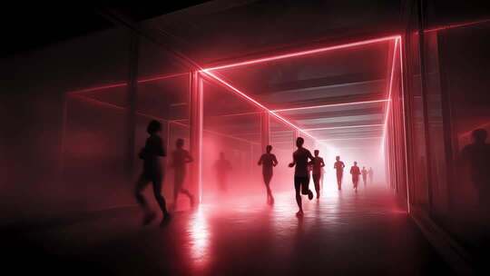 霓虹灯隧道中奔跑的人群剪影