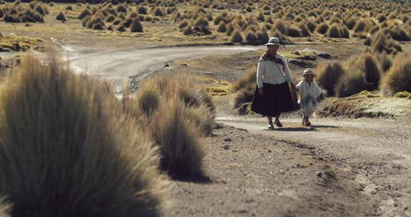玻利维亚母亲牵着儿子在野外小路上步行
