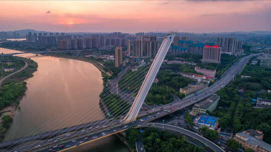 湖南长沙二环线大桥夕阳航拍延时摄影