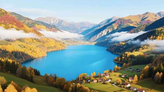 秋季山谷湖泊自然风光