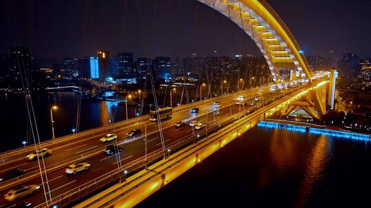 上海卢浦大桥夜景环绕航拍