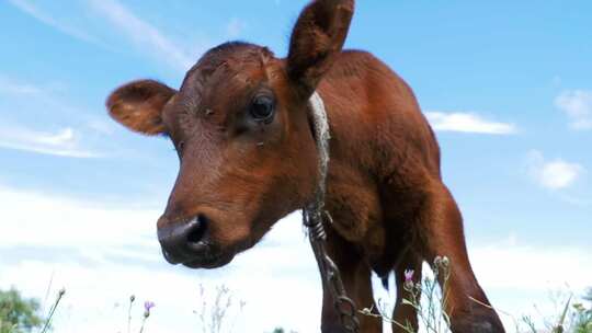 灰色小牛在天空背景的草地上吃草，闻到相机