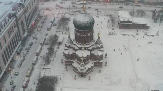 哈尔滨索菲亚教堂雪景航拍