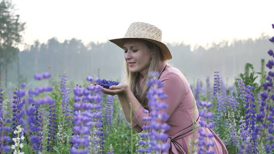 女人在草地上吹紫色花瓣