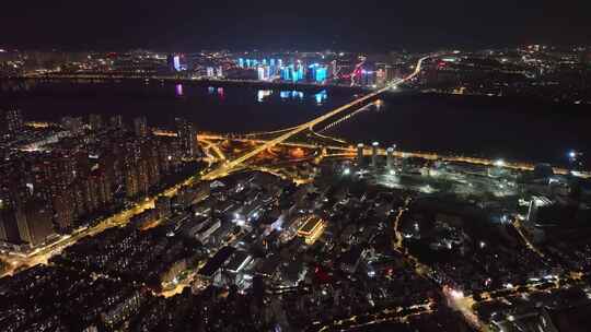 航拍福州闽江两岸风光夜景城市夜晚高空风景