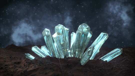 外星星球上的宝石石英矿物晶体。3D渲染动视频素材模板下载