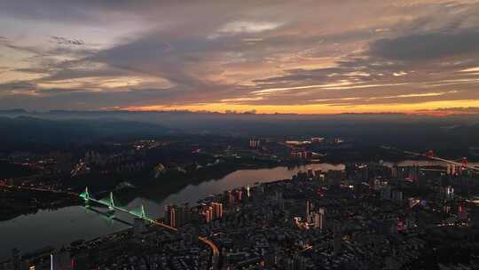 航拍宜昌城市夜景长江晚霞