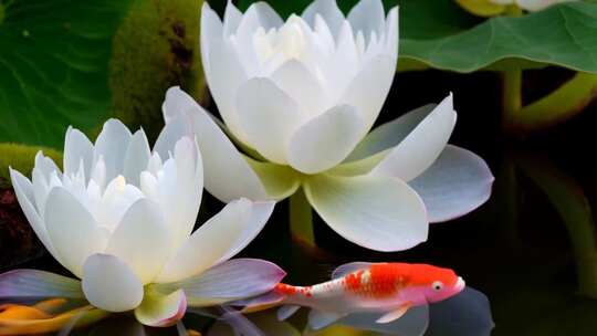 白莲花旁游动的锦鲤