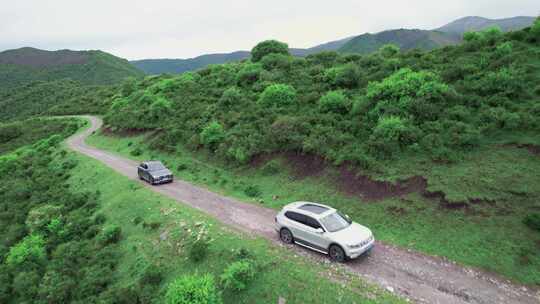 青海海东市乐都区仓家峡山路行车杜鹃花航拍