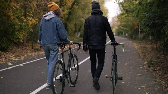 秋季道路上散步的朋友