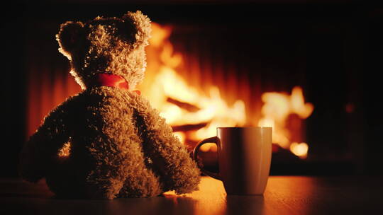 一只泰迪熊坐在壁炉前