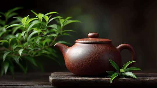 静谧茶室紫砂壶与绿植的和谐意境