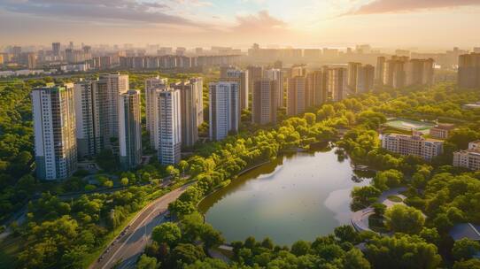 航拍绿色生态城市碳中和环保绿色建筑