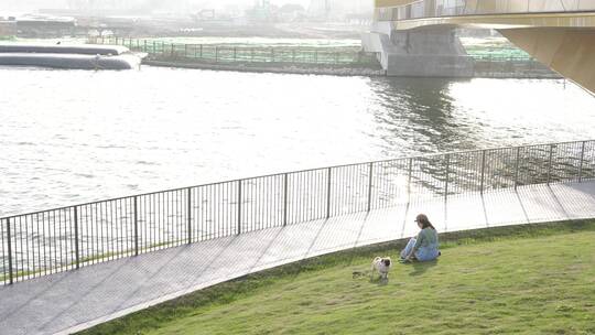 上海滴水湖边晒太阳玩狗空境