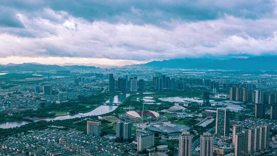 浙江义乌夏季城市风光大景航拍延时