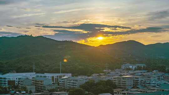 日落、村庄、夕阳