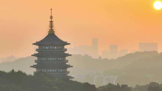 航拍清晨日出杭州西湖风景区雷峰塔建筑同框