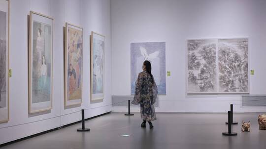 复古风美女参观室内画展欣赏美术作品合集视频素材模板下载