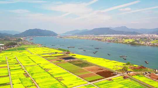 杭州富阳富春江两岸春天风景航拍