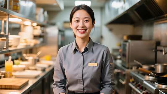 厨房内微笑的工作人员