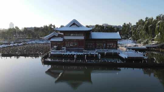 山东济南大明湖冬天雪景航拍