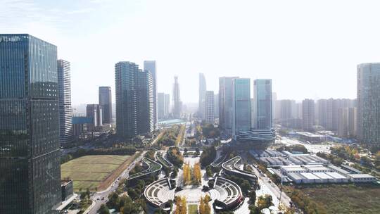 航拍杭州钱江世纪城公园和周边现代建筑