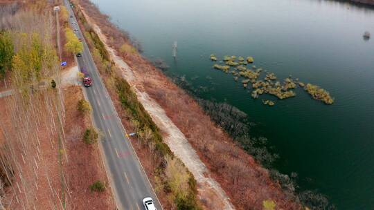 4K航拍秋天飞越河道边公路上行驶的汽车