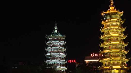 桂林两江四湖夜景日月双塔航拍