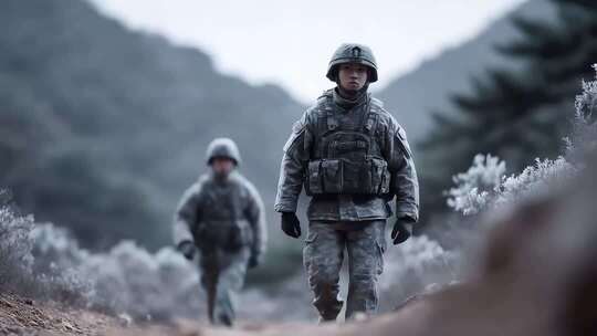 雪山中士兵坚定前行保家卫国