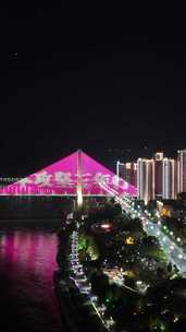 竖版航拍四川宜宾长江大桥夜景