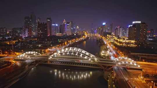 航拍天津海河直沽桥夜景