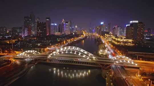 航拍天津海河直沽桥夜景视频素材模板下载