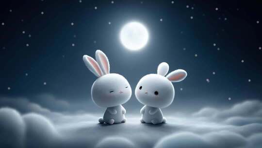 月夜下两只可爱小兔的温馨相遇
