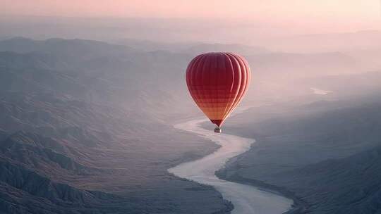 热气球飞跃山河迎接崭新的一天