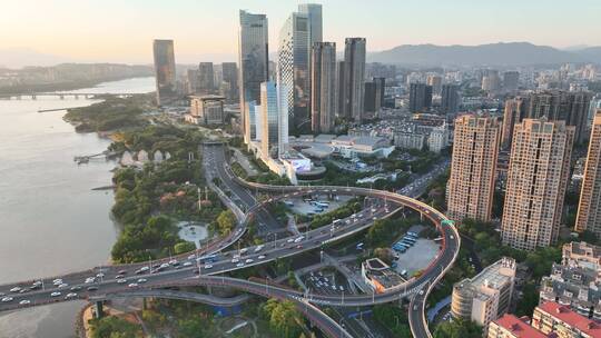 航拍福州闽江尤溪洲大桥道路江景