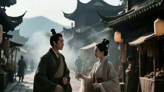 古装男女古街互动场景