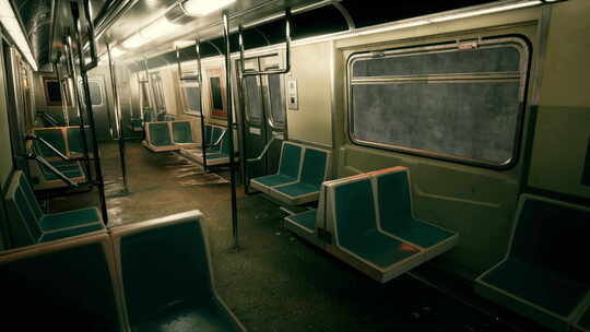 地铁地下蓝色座位的空地铁车厢