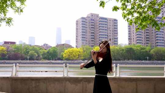 小提琴家天津海河边拉小提琴4视频素材模板下载