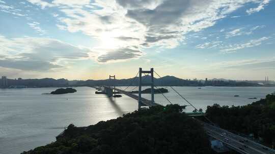 东莞虎门大桥日落夕阳航拍珠江黄昏河流风景