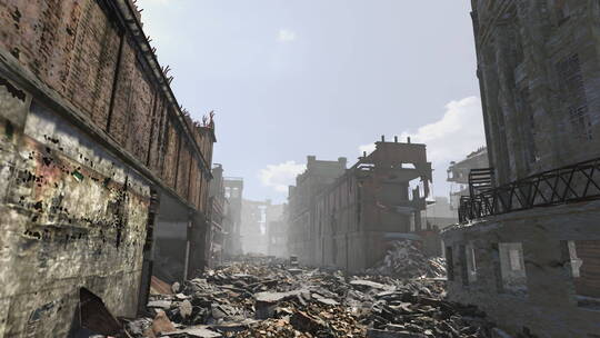 3D被战争炮火破坏的城市街景废墟场景镜头视频素材模板下载
