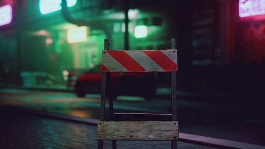 坐在木椅上的红白交通标志